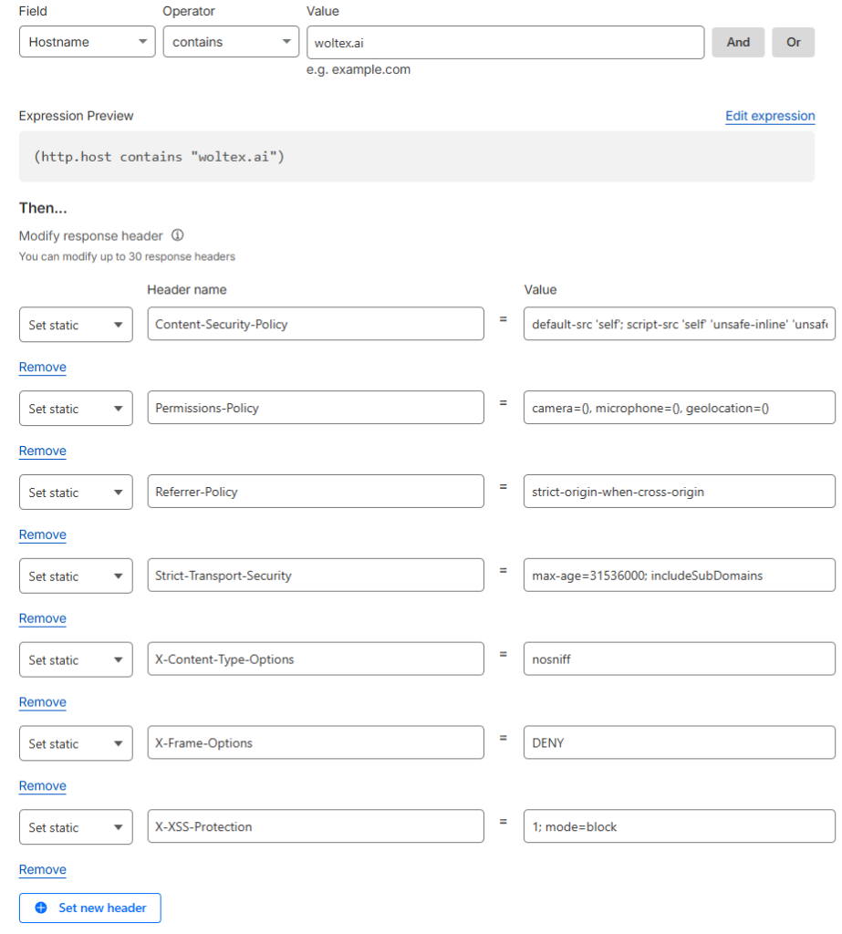 Full header configuration in Cloudflare